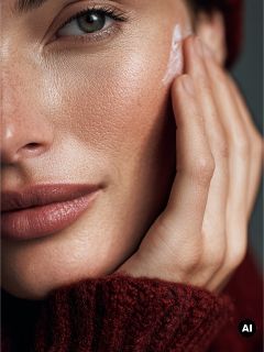 Un primer plano de una mujer aplicándose crema en la mejilla, con un jersey rojo y un gorro. Su piel luce suave y cuidada.