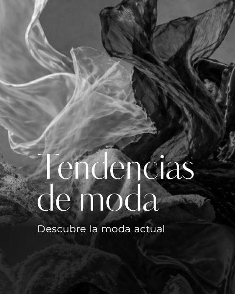 Formas de tela abstractas en blanco y negro con el texto: "Tendencias de moda. Descubre la moda actual" en primer plano.