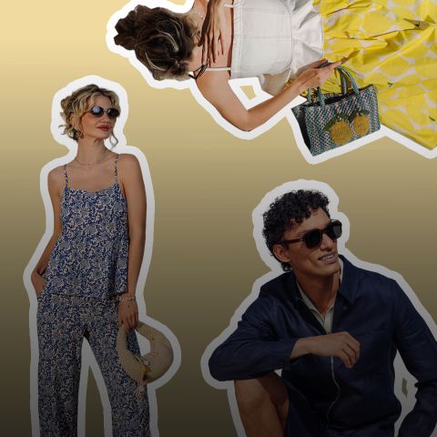 Tres personas elegantes con gafas de sol y atuendos de verano, de pie y sentadas frente a un fondo amarillo con degradado y contornos blancos.