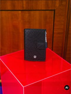 Una cartera de cuero negra se encuentra en posición vertical sobre un brillante cubo rojo, con un fondo de madera y un símbolo de "IA" en la esquina inferior derecha.
