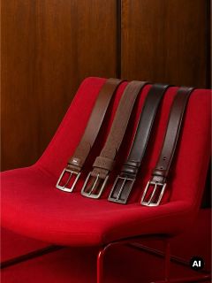 Cuatro cinturones de cuero marrones y negros con hebillas plateadas yacen sobre una moderna silla roja frente a un fondo de madera.