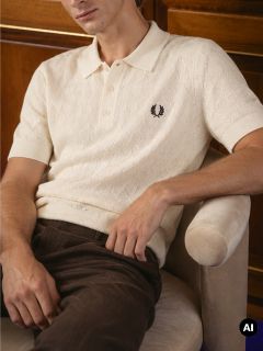 Un hombre con un polo de punto color crema con logo bordado está sentado en una silla beige, con los brazos relajados, y lleva pantalones marrones. Al fondo se ven armarios de madera.