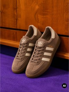 Un par de zapatillas deportivas de color beige y marrón con cordones blancos se encuentran frente a un fondo de madera sobre un suelo violeta.