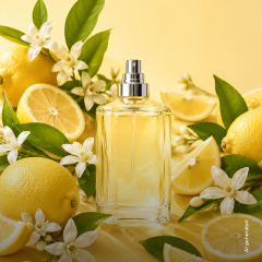 Una botella de perfume, rodeada de limones frescos, rodajas de limón, hojas verdes y flores blancas sobre un fondo amarillo.