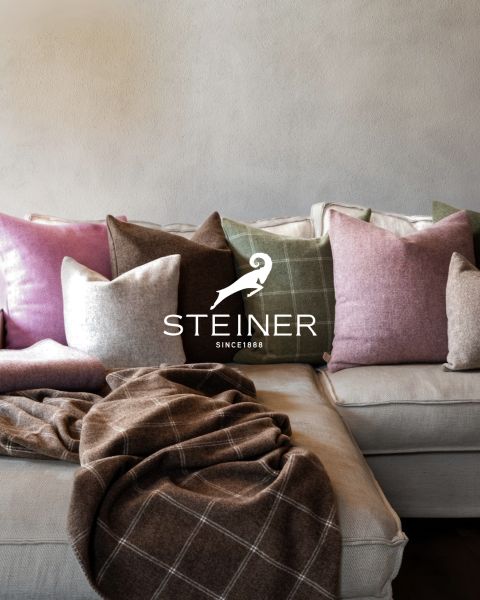 Un salón acogedor con un sofá gris, una manta azul, una bandeja de madera con taza y cuenco, una lámpara de pie y paredes revestidas de madera. Abajo se ve el logo de "STEINER".