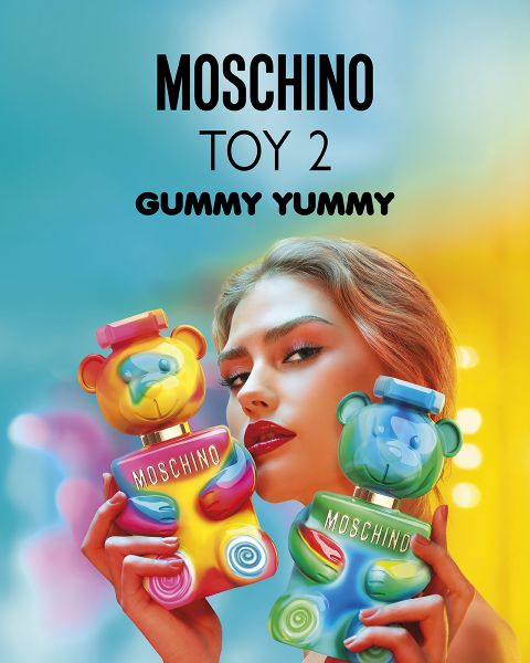 Hombre sin camisa con pantalones de cuero y sombrero sostiene un frasco de perfume Moschino con forma de oso de peluche. Texto: "MOSCHINO TOY BOY EAU DE PARFUM.