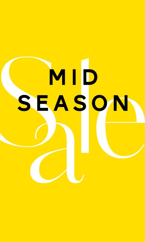 Fondo amarillo con grandes letras blancas que dicen "Sale" y texto negro superpuesto que dice "MID SEASON".