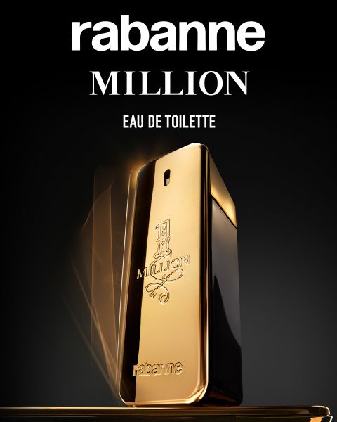 Un frasco de perfume dorado rectangular con la inscripción "1 Million" de Rabanne y encima el texto "MILLION EAU DE TOILETTE" sobre un fondo negro.