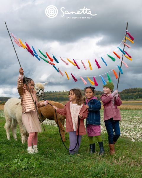 Cuatro niños sonrientes están de pie en un prado sosteniendo varas entre las que se extienden coloridas tiras de tela. Dos alpacas están cerca, y en el fondo se ven un cielo nublado y árboles. Arriba está escrito "Sanetta".