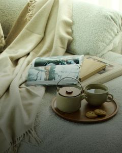 Un ambiente acogedor con una suave manta beige, una revista abierta y varios libros sobre un sofá. Una tetera, una taza de té y dos galletas están dispuestas en una bandeja de madera, creando una atmósfera cálida y acogedora.