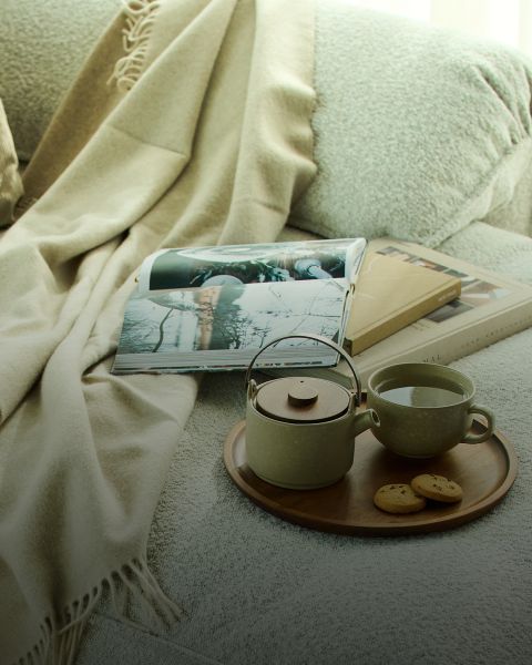Un ambiente acogedor con una suave manta beige, una revista abierta y varios libros sobre un sofá. Una tetera, una taza de té y dos galletas están dispuestas en una bandeja de madera, creando una atmósfera cálida y acogedora.