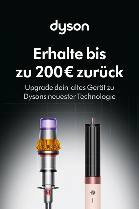 Anuncio de Dyson en alemán que ofrece hasta 200 € de reembolso al actualizar a la última tecnología, con imágenes de dos dispositivos Dyson sobre un fondo oscuro.