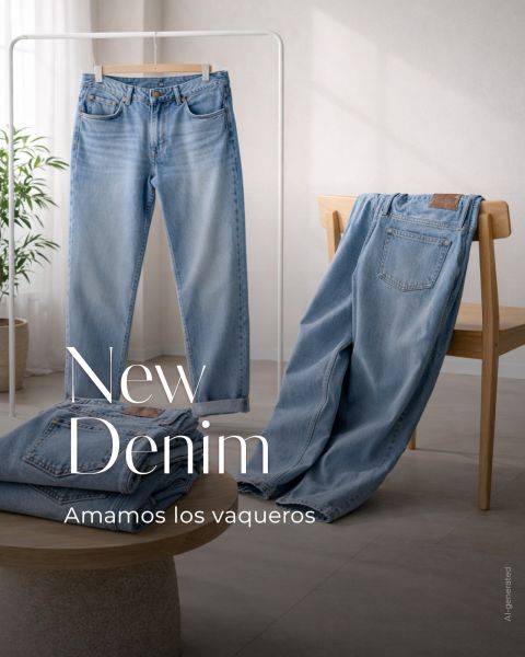 Tres pares de vaqueros azul claro, expuestos en una sala luminosa y moderna con las palabras "New Denim" y "Amamos los vaqueros".