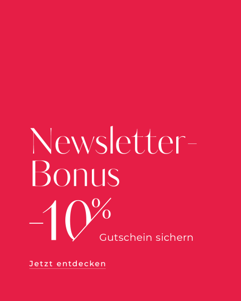 Fondo rojo con texto blanco en alemán que ofrece un bono de newsletter: "Bono de newsletter - Consigue un cupón de -10%". Debajo, en letra más pequeña: "Descúbrelo ahora", con la llamada a la acción de conseguir un cupón de descuento del 10%.