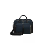 Eine marineblaue und schwarze Laptoptasche mit doppelten Griffen, einem abnehmbaren Schulterriemen und mehreren Reißverschlussfächern auf weißem Hintergrund.