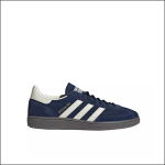 Ein marineblauer Adidas-Sneaker mit weißen Streifen und einer grauen Sohle, von der Seite gesehen. Der Schuh trägt das goldene Label "SPEZIAL" neben den Streifen und hat ein klassisches Retro-Design.