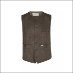 Eine braune Wollweste mit rundem Halsausschnitt, fünf Knöpfen vorne, zwei unteren Taschen, einer Brusttasche und einem kleinen Stoffetikett über der linken Tasche. Im hinteren Kragenbereich befindet sich ein Markenetikett.