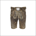 Braune Trachtenlederhose mit dekorativer Stickerei, Seitentasche und passendem Gürtel mit Metallschnalle vor weißem Hintergrund.