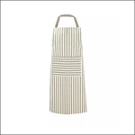 Schürze mit vertikalen beigen und weißen Streifen, mit einer großen Vordertasche mit horizontalen Streifen und einem Nackenband auf weißem Grund.