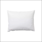 Ein schlichtes weißes, rechteckiges Kissen mit der Aufschrift "DE LUXE 100" in kleinen Buchstaben in der linken unteren Ecke, isoliert auf weißem Hintergrund.