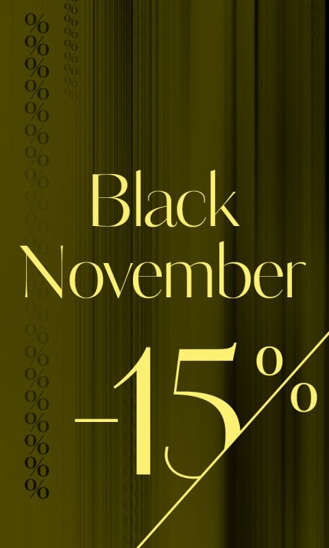 Gráfico publicitario en oro y negro con el texto "Black November -15%" y varios signos de porcentaje (%) en el lado izquierdo. El fondo consiste en rayas verticales y una fuente elegante y moderna.
