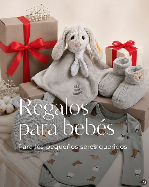Sobre una mesa hay cajas envueltas para regalo, patucos de bebé, un conejo de peluche, un gorro de punto y un body con estampado de osos. El texto en español dice: "Regalos para bebés.".