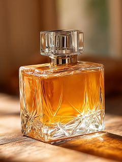Un frasco de perfume cuadrado de vidrio con un tapón facetado transparente, lleno de un líquido color ámbar, se encuentra sobre una superficie de madera bajo una luz cálida y natural.