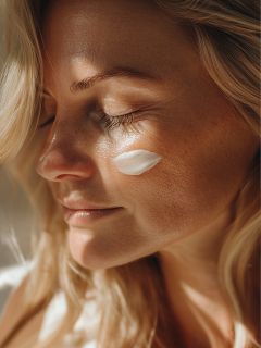Primer plano de una mujer rubia con los ojos cerrados, mostrando la textura natural de su piel y pecas, con una mancha de crema blanca debajo de su ojo derecho bajo una luz suave y natural.