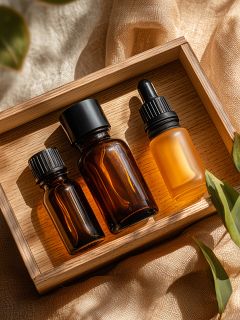 Tres pequeñas botellas de vidrio, dos marrones con tapones de rosca negros y una esmerilada con un gotero, se encuentran en una bandeja de madera sobre una superficie de tela clara con hojas verdes cerca. La luz del sol crea un ambiente cálido y natural.