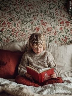 Un niño pequeño con cabello rubio está sentado en una cama con ropa de cama roja y blanca y lee un libro rojo con un árbol de Navidad en la portada. La pared detrás está decorada con un papel tapiz de flores.
