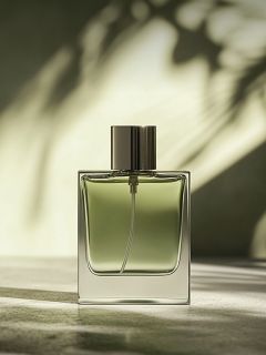 Un frasco de perfume de vidrio, lleno de un líquido verdoso, se encuentra sobre una superficie iluminada por el sol, donde las suaves sombras de las hojas en el fondo crean una atmósfera natural y elegante.