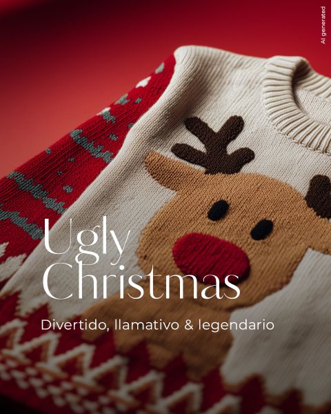 Un festivo jersey de punto con una gran cara de reno y detalles rojos sobre un fondo rojo. El texto blanco dice: "Ugly Christmas" y "Divertido, llamativo & legendario".