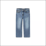 Ein Paar blaue Denim-Jeans mit klassischem Five-Pocket-Design, geradem Bein und leichtem Fading an den Oberschenkeln, dargestellt auf einem schlichten weißen Hintergrund.