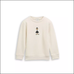 Ein cremefarbenes, langärmeliges Sweatshirt mit einer kleinen Grafik von Daffy Duck in der vorderen Mitte. Das Sweatshirt hat gerippte Bündchen und einen Rundhalsausschnitt.