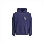 Ein schlichter, marineblauer Kapuzenpullover mit einer Vordertasche, einer Kapuze und einem kleinen weißen Text mit der Aufschrift "Originals Studio" auf der linken Brust auf weißem Hintergrund.