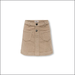 Ein beiger Cordminirock mit Knöpfen vorne, zwei großen Taschen vorne und einem sichtbaren Bund auf weißem Grund.