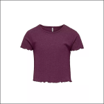 Ein kurzärmeliges, geripptes, dunkelviolettes Crop-Top mit rundem Halsausschnitt und gewellten Salatkanten an den Ärmeln und am unteren Rand, das auf einem einfarbig weißen Hintergrund abgebildet ist.