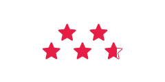 Cinco estrellas en una fila sobre un fondo blanco, con cuatro estrellas completamente rellenas de rojo y la quinta estrella a la derecha con un borde rojo, pero no rellena.