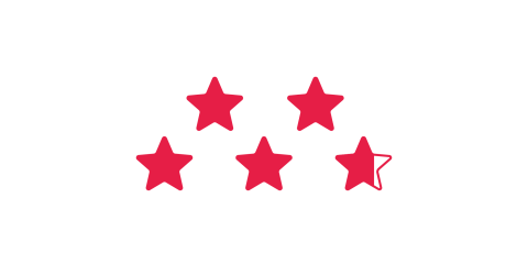Cinco estrellas en una fila sobre un fondo blanco, con cuatro estrellas completamente rellenas de rojo y la quinta estrella a la derecha con un borde rojo, pero no rellena.