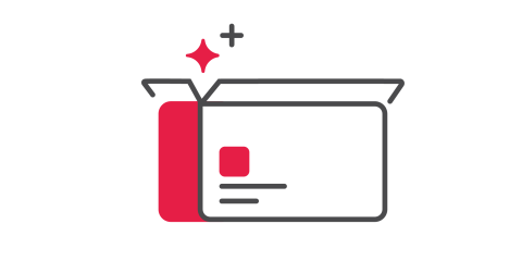 Ilustración minimalista de una caja abierta con una tarjeta roja en su interior, un brillo encima y líneas que sugieren información o texto, como símbolo de una revelación de producto nueva o especial.
