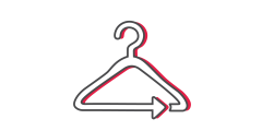Un dibujo minimalista de una percha, delineada en negro con una sombra roja. En el extremo inferior de la percha hay una flecha que apunta hacia la derecha, integrada en la forma de la percha. El fondo es blanco.