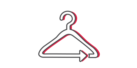 Un dibujo minimalista de una percha, delineada en negro con una sombra roja. En el extremo inferior de la percha hay una flecha que apunta hacia la derecha, integrada en la forma de la percha. El fondo es blanco.