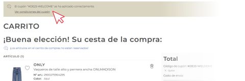 Una captura de pantalla de un carrito de compras en línea muestra un banner que indica que se ha aplicado el cupón "KDZES-WELCOME". Una flecha roja apunta al enlace "Ver condiciones del cupón" encima del resumen del carrito.