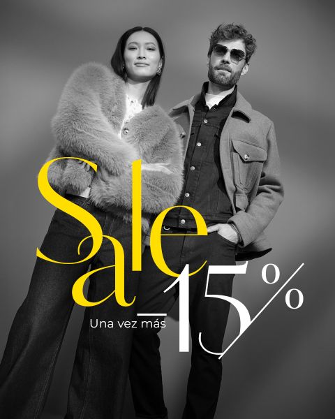 Una mujer elegante con un abrigo de piel y un hombre con gafas de sol posan junto con la inscripción "Sale 15%" y "Una vez más" sobre la imagen.
