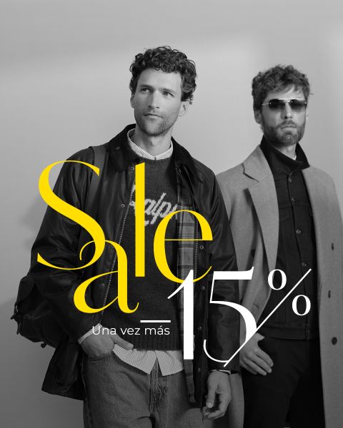Dos hombres con ropa de otoño de moda están juntos; superpuesto con la escritura amarilla "Sale 15%, Una vez más".