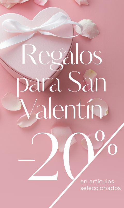 Caja de regalo rosa con forma de corazón y pétalos de rosa sobre fondo rosa, con el texto: "Regalos para San Valentín -20% en artículos seleccionados.