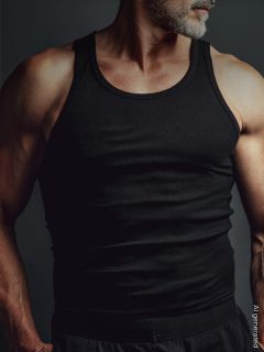 Un hombre musculoso con barba gris lleva una camiseta de tirantes negra y está de pie delante de un fondo oscuro. Parte de su cara está fuera del encuadre.