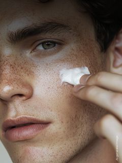 Primer plano de una persona con pecas aplicando con los dedos una mancha de crema blanca en su mejilla.