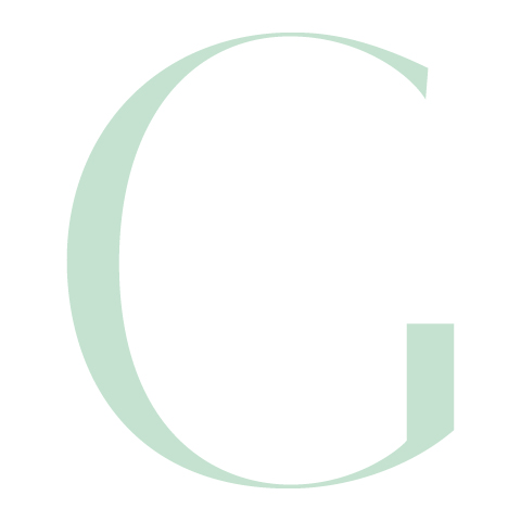 Una gran letra mayúscula "G" de color verde claro sobre un fondo blanco.