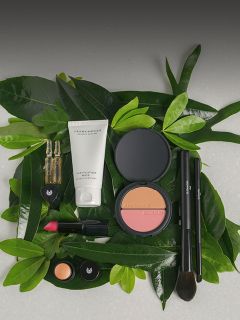 Varios productos de maquillaje y pinceles sobre hojas verdes, incluyendo colorete, lápiz labial, cremas y ampollas para el cuidado de la piel.